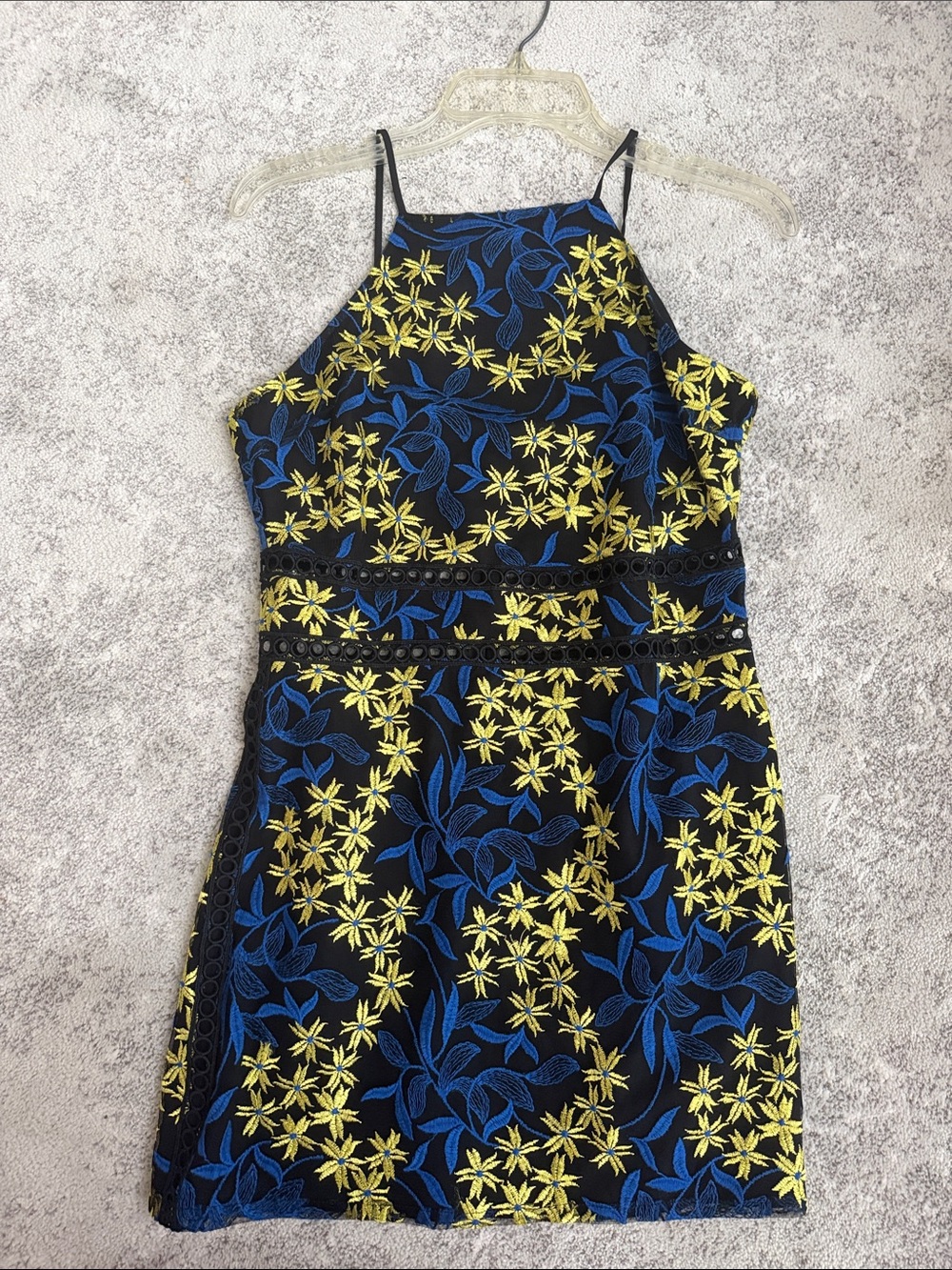 Sam Edelman Black Mini Dress with Blue & Yellow Floral Embroidery